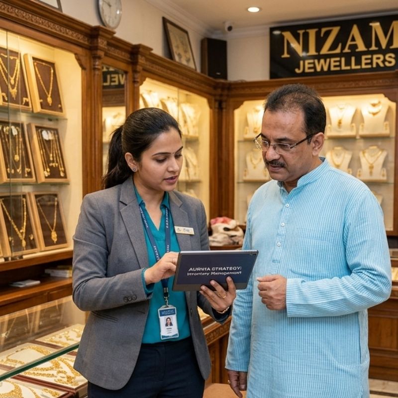 Aurvia consultant reviewing a jewellery store action plan with the owner